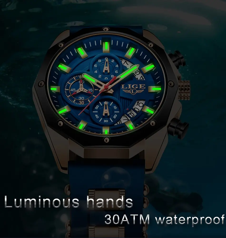 LIGE Fashion Mens Waterproof Wristwatch