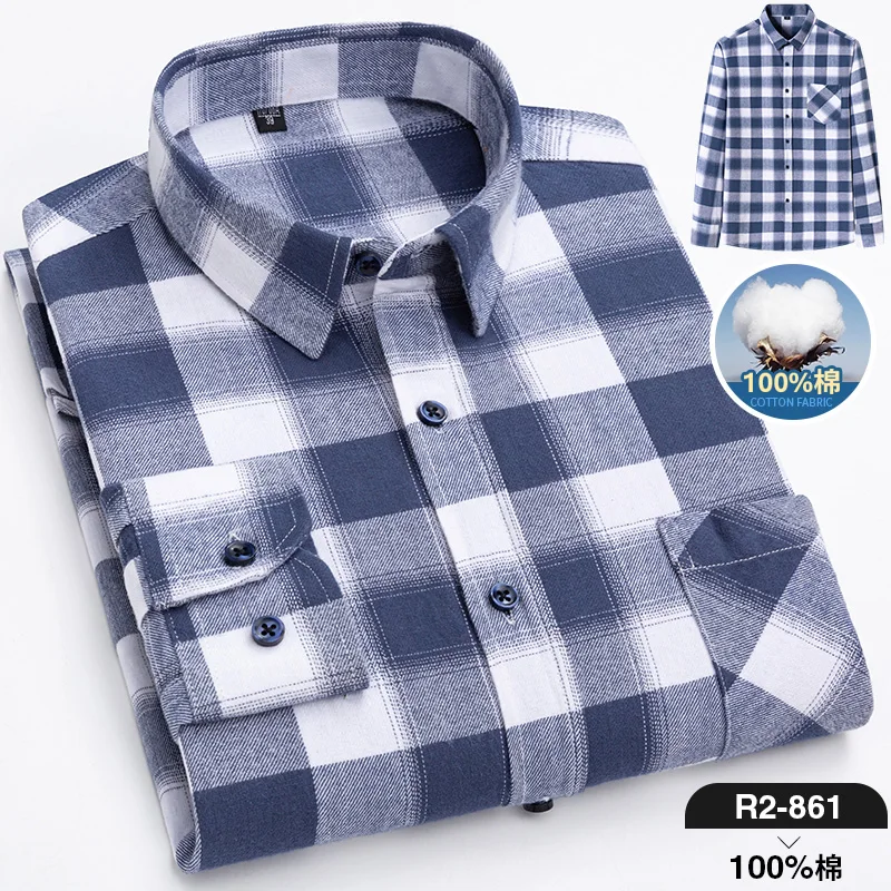 Pure Cotton Men's Plaid Shirt Long Sleeve Regular Fit Men Casual Oversized Shirt Leisure Autumn Male Blouse New Plus Size